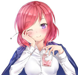Rule 34 | 10s, 1girl, blush, collarbone, cup, drink, drinking glass, eyebrows, female focus, hachinatsu, hand on own face, highres, holding, holding cup, holding drinking glass, jacket, looking at viewer, love live!, love live! school idol project, nishikino maki, one eye closed, purple eyes, red hair, shirt, short hair, simple background, smile, solo, star (symbol), white background, white shirt, wink