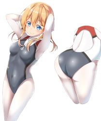 Rule 34 | 10s, anchor symbol, arms up, ass, blonde hair, blue hair, blush, bodysuit, breasts, closed mouth, competition swimsuit, from behind, grey one-piece swimsuit, gurande (g-size), highres, kantai collection, legs together, looking at viewer, low twintails, multiple views, one-piece swimsuit, prinz eugen (kancolle), short hair, simple background, skin tight, smile, standing, swimsuit, twintails, white background
