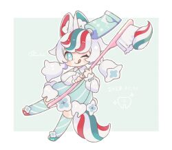 Rule 34 | 1girl, animal ears, blue eyes, blue hair, blush, chibi, collared dress, dated, dress, holding, holding toothbrush, long hair, long sleeves, looking at viewer, low twintails, multicolored hair, one eye closed, original, oversized object, red hair, smile, solo, sorata123, streaked hair, tail, thighhighs, tongue, tongue out, tooth, toothbrush, toothpaste, twintails, white hair