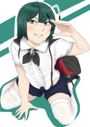 Rule 34 | 1girl, androgynous, antennae, bad leg, black hair, blue shorts, blush, cape, artistic error, fingernails, flat chest, green background, green eyes, green hair, grin, hair between eyes, hand up, high heels, highres, looking at viewer, mary janes, nicutoka, pink lips, shirt, shoes, short hair, short shorts, short sleeves, shorts, sitting, smile, solo, striped, striped background, thighhighs, touhou, wariza, white background, white shirt, white thighhighs, wriggle nightbug