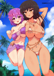 Rule 34 | 2girls, absurdres, beach, bikini, black hair, breasts, cleavage, commentary, commission, dutch angle, english commentary, fanbox username, feet out of frame, gluteal fold, highres, horizon, large breasts, long hair, looking at viewer, micro bikini, multiple girls, navel, open mouth, original, palm tree, pointy ears, purple bikini, purple eyes, purple hair, sarong, see-through sarong, short hair, smile, standing, standing on one leg, swimsuit, tassel, thighs, tree, underboob, virus-g, yellow eyes, yuri