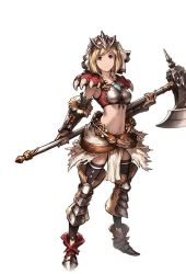 Rule 34 | 10s, 1girl, armor, axe, battle axe, belt, black legwear, blonde hair, brown eyes, djeeta (granblue fantasy), full body, fur trim, gauntlets, gloves, granblue fantasy, hair ornament, holding, holding weapon, looking at viewer, midriff, minaba hideo, navel, pelvic curtain, shoes, short hair, simple background, smile, standing, veil, weapon, white background