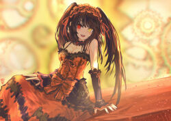Rule 34 | 1girl, :d, absurdres, arm support, artist logo, bare shoulders, black dress, black hair, black sleeves, blunt bangs, blurry, blurry background, blush, breasts, choker, cleavage, clock eyes, date a live, detached sleeves, dress, frilled choker, frilled dress, frills, gothic lolita, hairband, hand on own leg, head tilt, heterochromia, highres, large breasts, lolita fashion, lolita hairband, long hair, looking at viewer, multicolored clothes, multicolored dress, ootato, open mouth, red dress, red eyes, red ribbon, ribbon, sitting, sleeves past wrists, smile, solo, symbol-shaped pupils, tokisaki kurumi, twintails, uneven twintails, very long hair, wide sleeves, yellow eyes