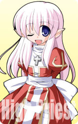 Rule 34 | 1girl, 2000s (style), ;d, arms behind back, back bow, blue eyes, bow, character name, cross, cross necklace, dress, fang, flat chest, frilled thighhighs, frills, gold trim, gradient background, hair between eyes, high priest (ragnarok online), jewelry, juliet sleeves, kikkawa (citrus fruits), long sleeves, necklace, one eye closed, open mouth, pointy ears, puffy sleeves, ragnarok online, red dress, sash, sidelocks, smile, solo, thighhighs, two-tone dress, white bow, white dress, white hair, white sash, white thighhighs