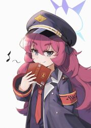Rule 34 | 1girl, arm behind back, armband, black coat, black shirt, blue archive, book, coat, collared shirt, commentary request, fluffy hair, grey eyes, hair between eyes, halo, hat, highres, holding, holding book, iroha (blue archive), long hair, long sleeves, looking at viewer, men zhong mu, musical note, necktie, open clothes, open coat, peaked cap, red armband, red hair, red necktie, school uniform, shirt, sidelocks, simple background, smile, solo, thick eyebrows, white background