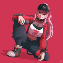 Rule 34 | 1girl, baseball cap, black footwear, black hat, black pants, blush, closed mouth, collarbone, crop top, hat, highres, holding, holding microphone, hololive, hololive english, long hair, long sleeves, looking at viewer, microphone, mori calliope, mori calliope (streetwear), nail polish, navel, pants, pink eyes, pink hair, ponytail, red background, red nails, ryou sakai, shoes, simple background, smile, sneakers, solo, virtual youtuber