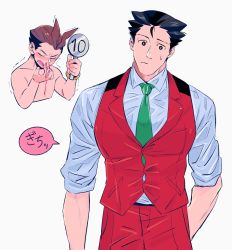 Rule 34 | 2boys, ace attorney, alternate pectoral size, apollo justice, bara, between pectorals, blood, blush, brown hair, bursting pectorals, character request, commentary request, cropped torso, feet out of frame, green (grimy), highres, holding, holding sign, male focus, multiple boys, necktie, necktie between pectorals, nosebleed, nude, pants, pectorals, phoenix wright, red pants, red vest, short hair, sideburns, sign, sleeves rolled up, trembling, vest, white background, yaoi