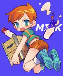 Rule 34 | 1boy, aqua eyes, blue background, bottle, child, claus (mother 3), crate, from behind, highres, looking at viewer, looking back, male focus, milk, milk bottle, mother (game), mother 3, nintendo, orange hair, orange shorts, shirt, short hair, short shorts, shorts, simple background, solo, striped clothes, striped shirt, tab 888