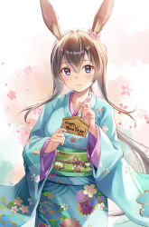 Rule 34 | 1girl, 2023, amiya (arknights), animal ear fluff, animal ears, arknights, blue eyes, blue kimono, blush, brown hair, chinese zodiac, closed mouth, cowboy shot, ema, floral background, floral print, happy new year, highres, holding, japanese clothes, kimono, long hair, long sleeves, looking at viewer, new year, obi, rabbit ears, sash, sebu illust, smile, solo, very long hair, wide sleeves, year of the rabbit