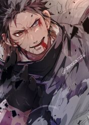 Rule 34 | 1boy, black gloves, black hair, bleeding, blood, blood from mouth, bloody tears, gloves, hand up, highres, male focus, mismatched sclera, mocca1226, naruto (series), naruto shippuuden, red eyes, rinnegan, scar, scar on face, sharingan, short hair, smirk, solo, uchiha obito, upper body, wrinkled skin