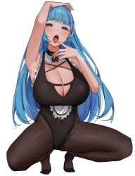 Rule 34 | 1girl, absurdres, arm up, armpits, bare shoulders, black leotard, black pantyhose, blue eyes, blue hair, breasts, character request, cleavage, copyright notice, copyright request, covered navel, finger to mouth, highres, large breasts, leotard, long hair, looking at viewer, open mouth, pantyhose, po ppe, simple background, sleeveless, solo, squatting, tongue, tongue out, white background