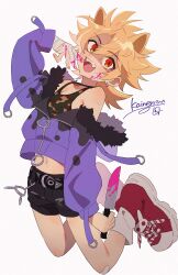 Rule 34 | 1boy, absurdres, animal ears, bandages, black choker, blonde hair, blood, blood on face, camouflage, camouflage shirt, cat ears, choker, earrings, enotou (enotou moi), fangs, fur trim, highres, holding, holding knife, indie virtual youtuber, jacket, jewelry, jumping, kainen, kitchen knife, knife, male focus, midriff, mole, navel, open mouth, purple jacket, red eyes, red footwear, shirt, shoes, shorts, sneakers, socks, solo, trap, virtual youtuber