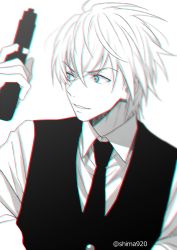 Rule 34 | 1boy, amuro tooru, black necktie, black vest, blue eyes, collared shirt, greyscale, gun, hair between eyes, holding, holding gun, holding weapon, looking to the side, male focus, mashima shima, meitantei conan, monochrome, necktie, parted lips, shirt, smile, solo, spot color, twitter username, upper body, vest, weapon