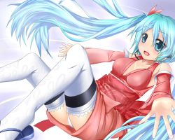 Rule 34 | bad id, bad pixiv id, blue eyes, blue hair, darren, detached sleeves, hatsune miku, headset, highres, japanese clothes, long hair, obi, open mouth, panties, pantyshot, sash, sitting, solo, thighhighs, twintails, underwear, very long hair, vocaloid