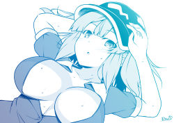 Rule 34 | 1girl, blue theme, blush, breasts, buttons, collared shirt, commentary request, flat cap, hair bobbles, hair ornament, hat, highres, kagiyama shachou, kawashiro nitori, large breasts, looking at viewer, medium hair, monochrome, open clothes, open mouth, open shirt, shirt, short sleeves, sidelocks, simple background, solo, sweat, touhou, two side up, upper body