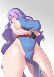 Rule 34 | 1girl, aster crowley, black gloves, blue dress, blush, breast hold, breasts, camilla (fire emblem), commentary request, cosplay, covered erect nipples, dress, fingerless gloves, fire emblem, fire emblem fates, from below, gloves, gluteal fold, gradient background, head tilt, highres, large breasts, long hair, looking at viewer, lyn (fire emblem), lyn (fire emblem) (cosplay), nintendo, no panties, parted lips, pelvic curtain, purple eyes, purple hair, sideboob, solo, standing, thighs, very long hair, wavy hair