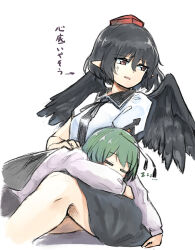 Rule 34 | 2girls, antennae, black hair, black skirt, black wings, cape, closed eyes, commentary, feathered wings, ginnkei, green hair, hand on another&#039;s back, hat, highres, long sleeves, multiple girls, pointy ears, red eyes, ribbon, shameimaru aya, shirt, short hair, simple background, skirt, sleeping, tokin hat, touhou, translated, white background, white shirt, wings, wriggle nightbug, zzz