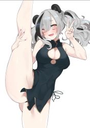 Rule 34 | 1girl, animal ears, arknights, black hair, black panties, blush, breasts, china dress, chinese clothes, cleavage cutout, clothing cutout, dress, fang, fataaa, feater (arknights), gluteal fold, grey hair, groin tendon, hair between eyes, large breasts, long hair, multicolored hair, nail polish, panda ears, panties, side-tie panties, skin fang, smile, solo, split, standing, standing on bed, standing on one leg, standing split, streaked hair, twintails, underwear, v, white background