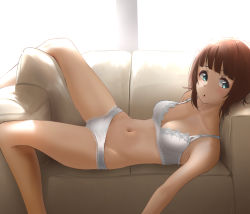 Rule 34 | 1girl, amami haruka, aqua eyes, bare arms, bare shoulders, blunt bangs, blush, bra, breasts, brown hair, commentary request, commission, couch, highres, idolmaster, idolmaster (classic), indoors, lace, lace-trimmed bra, lace-trimmed panties, lace trim, looking at viewer, lying, medium breasts, navel, on back, panties, pixiv commission, short hair, solo, tama (tamago), underwear, underwear only, white bra, white panties