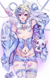 Rule 34 | 1boy, ahoge, angel, angel wings, asymmetrical legwear, bandaid, bandaid on thigh, belly piercing, bijou (hamtaro), blonde hair, boxcutter, bulge, cellphone, chibi, collar, corset, covered erect nipples, cross, cross earrings, earrings, facing viewer, fishnet thighhighs, fishnets, frilled shorts, frills, hair ornament, halo, hamtaro (series), heart, heart earrings, heart pasties, hood, hoodie, jewelry, lipstick, looking at viewer, maid headdress, makeup, male focus, melty uchuu, multiple piercings, open clothes, panties, parted lips, pasties, penis in panties, phone, photo (object), piercing, pubic tattoo, purple lips, purple nails, red eyes, runny makeup, safety pin, seed, short shorts, shorts, side-tie panties, smartphone, solo, sticker, sunflower seed, symbol-shaped pupils, tattoo, thighhighs, tongue piercing, underwear, white panties, white thighhighs, wings, x hair ornament