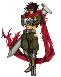 Rule 34 | 1boy, abs, arc system works, armor, belt, black hair, blazblue, boots, bracer, crop top, crossed arms, evil grin, evil smile, grin, huge weapon, jpeg artifacts, knee boots, male focus, manly, midriff, mori toshimichi, muscular, nail, ninja, official art, pants, ponytail, scar, scarf, shishigami bang, simple background, smile, solo, spiked hair, standing, torn clothes, weapon