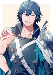 Rule 34 | 1boy, ameno (a meno0), asymmetrical clothes, bare arms, blue hair, cape, chrom (fire emblem), closed eyes, crests (fire emblem), fire emblem, fire emblem awakening, gloves, grin, hair between eyes, muscular, muscular male, nintendo, short hair, simple background, smile, solo, upper body