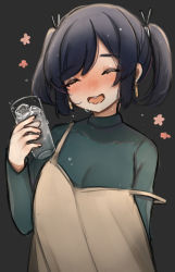 Rule 34 | 1girl, arm behind back, black background, blue hair, blue sweater, blush, breasts, brown dress, closed eyes, cup, dress, drunk, earrings, hair ribbon, highres, holding, holding cup, jewelry, kantai collection, kaomoji (sagor00237), long sleeves, nose blush, off shoulder, official alternate costume, open mouth, ribbon, short twintails, simple background, solo, souryuu (kancolle), sweat, sweater, twintails