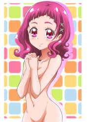 Rule 34 | 10s, 1girl, blush, covering privates, covering breasts, hair ornament, hanzou, hugtto! precure, looking at viewer, navel, nono hana, nude, out-of-frame censoring, own hands clasped, own hands together, precure, purple eyes, purple hair, smile, solo, x hair ornament