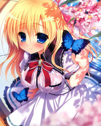 Rule 34 | 1girl, absurdres, animal, blonde hair, blue eyes, blush, bow, bowtie, breasts, brooch, bug, butterfly, cherry blossoms, covered erect nipples, gem, highres, insect, jewelry, large breasts, long sleeves, looking at viewer, mekami suzu, nanaka mai, nipples, no bra, pure girl, red bow, red bowtie, school uniform, see-through, solo, tareme, wet, wet clothes