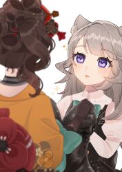 Rule 34 | 2girls, animal ear fluff, animal ears, black gloves, black vest, blush, brown hair, cat ears, chiori (genshin impact), commentary request, genshin impact, gloves, grey hair, haori, highres, holding, holding clothes, honoyuu, japanese clothes, juliet sleeves, long hair, long sleeves, lynette (genshin impact), multiple girls, puffy sleeves, purple eyes, shirt, upper body, vest, white background, white shirt