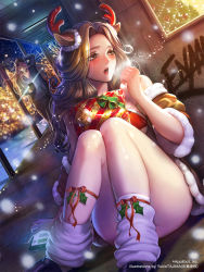 Rule 34 | 1boy, 1girl, animal ears, antlers, ass, bare shoulders, bikini, bikini top only, blush, breasts, breath, brown eyes, brown hair, cellphone, christmas, cold, curly hair, curvy, dutch angle, furyou michi ~gang road~, gift, highres, horns, legs, long hair, loose socks, medium breasts, mizuno eri (gang road), night, official art, open mouth, original, phone, reindeer antlers, ribbon, sitting, smartphone, snowing, socks, solo focus, sparkle, swimsuit, tajima yukie, thick thighs, thighs, wide hips