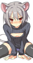 Rule 34 | 1girl, animal ears, black thighhighs, blush, breasts, cleavage cutout, clothing cutout, greatmosu, grey hair, highres, meme attire, mouse ears, mouse tail, nazrin, open-chest sweater, panties, red eyes, ribbed sweater, short hair, simple background, small breasts, solo, striped clothes, striped panties, sweater, tail, thighhighs, touhou, turtleneck, underwear, white background