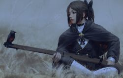 Rule 34 | 1girl, bird, blue eyes, bolt action, boots, brown hair, cape, choker, closed mouth, commentary, grass, gun, guweiz, highres, holding, holding gun, holding weapon, lee-enfield, long sleeves, looking away, original, photo-referenced, ponytail, profile, realistic, rifle, short ponytail, sitting, solo, weapon, white footwear
