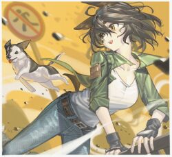 Rule 34 | 1girl, animal ears, arknights, black gloves, black hair, blue pants, breasts, cleavage, denim, dog, dog ears, dog girl, dog tail, eyewear on head, fingerless gloves, gloves, green jacket, hair between eyes, highres, jacket, jackie (arknights), jeans, lanzi (415460661), open mouth, pants, road sign, shirt, short hair, sign, small breasts, sunglasses, tail, teeth, upper teeth only, white shirt, yellow eyes
