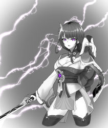 Rule 34 | 1girl, absurdres, braid, breasts, bridal gauntlets, cleavage, electricity, genshin impact, greyscale, hair ornament, highres, holding, holding sword, holding weapon, japanese clothes, kimono, korean commentary, large breasts, long hair, long sleeves, looking at viewer, mole, mole under eye, monochrome, nelelel, open mouth, partially colored, purple eyes, raiden shogun, ribbon, sash, simple background, solo, sword, tassel, thighhighs, vision (genshin impact), weapon, wide sleeves