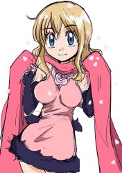 Rule 34 | 1girl, blonde hair, blue eyes, breasts, detached sleeves, dress, flower, hainchu, holding, holding clothes, holding scarf, looking at viewer, medium breasts, original, petals, pink dress, pink scarf, purple sleeves, purple trim, rose, rose petals, scarf, smile, white background, yamagata korisa