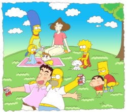 Rule 34 | 4boys, 5girls, ^ ^, age difference, alcohol, animal, armcho, artistic error, ass, baby, bald, bart simpson, beer, beer can, black hair, blonde hair, blue hair, blush, brown hair, can, child, closed eyes, cloud, colored skin, crayon shin-chan, crossover, day, dog, dress, drink can, drunk, eyebrows, family, father and daughter, father and son, grass, happy, homer simpson, jewelry, lisa simpson, long hair, looking at viewer, maggie simpson, marge simpson, mooning, mother and daughter, mother and son, multiple boys, multiple girls, necklace, nohara himawari, nohara hiroshi, nohara misae, nohara shinnosuke, open mouth, orange hair, outdoors, pacifier, pants, picnic, shirt, short hair, sky, smile, t-shirt, the simpsons, thick eyebrows, tree, very long hair, yellow skin