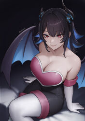 absurdres alternate_costume alternate_hair_length alternate_hairstyle asymmetrical_horns black_hair blue_hair breasts colored_inner_hair cosplay demon_girl demon_horns gloves highres hololive hololive_english horns large_breasts mole mole_under_eye multicolored_hair nerissa_ravencroft red_eyes rouge_the_bat rouge_the_bat_(cosplay) sonic_(series) two-tone_hair uneven_horns virtual_youtuber white_gloves wings yubaest