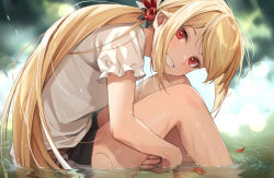 Rule 34 | 1girl, :d, ass, black shorts, blonde hair, blurry, blurry background, blush, commentary request, commission, day, depth of field, feet out of frame, frilled sleeves, frills, from side, grin, highres, knees up, leaning forward, light rays, long hair, looking at viewer, looking to the side, low ponytail, open mouth, original, petals, pixiv commission, red eyes, shirt, short shorts, short sleeves, shorts, sitting, smile, soaking feet, solo, sunbeam, sunlight, swept bangs, teeth, very long hair, water, white shirt, zattape