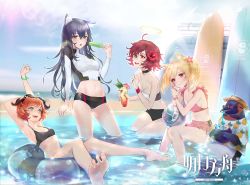 Rule 34 | 4girls, :d, ahoge, animal ears, arknights, armpits, arms up, ball, bandeau, bare arms, bare legs, bare shoulders, barefoot, beachball, bikini, bird, black bikini, black choker, black hair, brown eyes, choker, commentary, copyright name, croissant (arknights), crop top, cup, drinking glass, exusiai (arknights), eyewear on head, flower, food, grey eyes, groin, hair flower, hair ornament, halo, hand up, hibiscus, holding, holding cup, holding food, horns, index finger raised, innertube, ku99 (kugugu), lens flare, long sleeves, looking at viewer, midriff, multiple girls, navel, open mouth, orange hair, penguin, penguin logistics (arknights), penguin logistics logo, pink bikini, popsicle, red eyes, red flower, red hair, shirt, short hair, smile, sora (arknights), stomach, strapless, strapless bikini, sunglasses, swim ring, swimsuit, texas (arknights), emperor (arknights), thighs, tube top, twintails, wading, water, white shirt, wolf ears, wristband