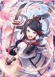 Rule 34 | 1girl, akkijin, armor, black hair, blue sky, breasts, cherry blossoms, floral print, hair ribbon, holding, holding weapon, japanese armor, japanese clothes, lance, looking at viewer, medium breasts, official art, open mouth, petals, polearm, ponytail, purple eyes, red ribbon, ribbon, shinkai no valkyrie, sky, weapon