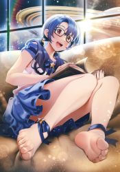 Rule 34 | 1girl, ankle ribbon, bare arms, bare legs, barefoot, black hair, blue dress, blue hair, blue ribbon, book, brown eyes, casino (casinoep), couch, dress, feet, glasses, highres, holding, holding book, idolmaster, idolmaster million live!, leg ribbon, long hair, low twintails, open mouth, red eyes, ribbon, skirt, takayama sayoko, twintails