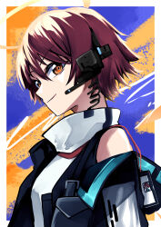 Rule 34 | 1girl, absurdres, arknights, bare shoulders, black vest, blue background, brown eyes, commentary, exusiai (arknights), from side, halo, headset, highres, hisuikouha, jacket, looking at viewer, looking to the side, off-shoulder jacket, off shoulder, orange background, red hair, short hair, smile, solo, turtleneck, upper body, v-shaped eyebrows, vest, wire