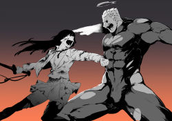 Rule 34 | 1boy, 1girl, battle, black bodysuit, black hair, black sclera, blood, blood on face, bodysuit, breasts, bulge, colored sclera, covered abs, dark persona, facial hair, feet out of frame, fighting stance, glowing, glowing hand, halo, highres, hip vent, holding, holding sword, holding weapon, large pectorals, legs apart, long hair, protagonist 2 (housamo), muscular, muscular male, pectorals, short hair, stubble, sword, thick thighs, thighs, tokyo houkago summoners, torn bodysuit, torn clothes, torn legwear, weapon, zabaniyya (housamo), zabaniyan