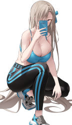 Rule 34 | 1girl, asuna (blue archive), bare shoulders, black pants, blue archive, blue eyes, blue ribbon, blue sports bra, blush, breasts, cellphone, cleavage, collarbone, commentary, gym uniform, hair over one eye, hair ribbon, highres, k pring, large breasts, light brown hair, long hair, looking at viewer, mole, mole on breast, pants, phone, ribbon, shoes, sneakers, solo, sports bra, squatting, sweat, tight clothes, tight pants, very long hair, yoga pants