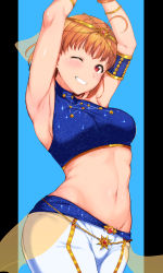 Rule 34 | 1girl, ;), ahoge, alp, arabian clothes, armband, armlet, armpits, arms up, blue background, bracelet, breasts, circlet, cowboy shot, crop top, gem, grin, harem outfit, hat, headpiece, highres, jewelry, kokoro magic a to z, looking at viewer, love live!, love live! sunshine!!, medium breasts, midriff, navel, one eye closed, open mouth, orange hair, pants, mob cap, red eyes, red gemstone, see-through, short hair, sideboob, smile, solo, stomach, takami chika, teeth, white pants
