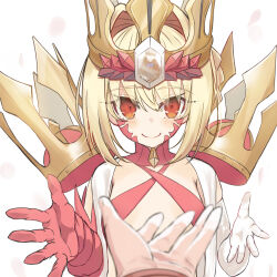 Rule 34 | 1girl, ahoge, bikini, blonde hair, blush, braid, breasts, criss-cross halter, crown, dragon claw, elbow gloves, facial mark, fate/grand order, fate (series), french braid, gloves, hair bun, hair intakes, halterneck, long hair, looking at viewer, neko daruma, nero claudius (fate), nero claudius (fate) (all), open clothes, queen draco (fate), queen draco (second ascension) (fate), red bikini, red eyes, robe, small breasts, smile, solo focus, swimsuit, white gloves, white robe