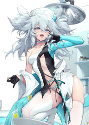 Rule 34 | 1girl, absurdres, black panties, blue eyes, dress, game cg, girls&#039; frontline, girls&#039; frontline neural cloud, hair ornament, hat, heart, heart-shaped pupils, highres, holding, id card, intravenous drip, long hair, looking at viewer, messy hair, nurse cap, official art, open mouth, pa-15 (girls&#039; frontline), panties, pill, see-through, shanyao jiang tororo, silver hair, simple background, smile, solo, symbol-shaped pupils, syringe, thighhighs, twintails, underwear, white background, white dress, white thighhighs