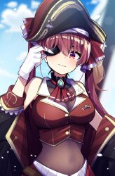 Rule 34 | 1girl, adjusting eyepatch, akagi (sk0127aho), ascot, black choker, black coat, black hat, choker, coat, cropped jacket, frilled choker, frills, gloves, hair ribbon, hat, highres, hololive, houshou marine, houshou marine (1st costume), jacket, leotard, leotard under clothes, long hair, looking at viewer, navel, pirate hat, red ascot, red coat, red eyes, red jacket, red ribbon, red skirt, ribbon, skirt, sleeveless, sleeveless jacket, smile, solo, twintails, two-sided coat, two-sided fabric, virtual youtuber, white gloves