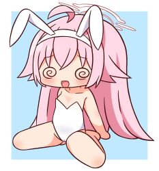 Rule 34 | 1girl, :d, @ @, ahoge, animal ears, bare arms, bare legs, bare shoulders, barefoot, blue archive, blue background, blush, breasts, chibi, collarbone, facing viewer, fake animal ears, full body, hair between eyes, hairband, halo, hana kazari, highres, hoshino (blue archive), leotard, long hair, open mouth, pink hair, playboy bunny, rabbit ears, sitting, small breasts, smile, solo, strapless, strapless leotard, two-tone background, very long hair, wariza, white background, white hairband, white leotard
